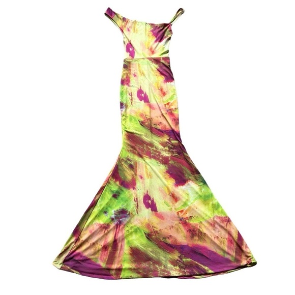 Club L PHANTASY LIME PRINT NECKLINE COWL MAXI DRESS Rainbow size 2 Sexy Disco - Picture 2 of 10